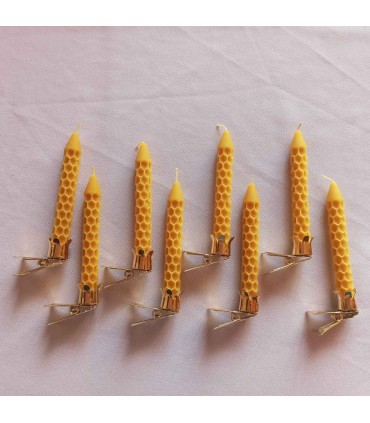 Klipsy do świeczek na choinkę złote, bez talerzyka  i świeczki z wosku pszczelego z wzorem węzy 8 sztuk