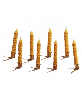 Klipsy do świeczek na choinkę złote, bez talerzyka  i świeczki z wosku pszczelego z wzorem węzy 8 sztuk